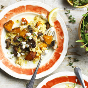 Gierst risotto met pompoen en geitenkaas