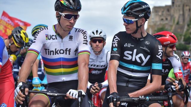 Slovakian Peter Sagan of Tinkoff and British Chris Froome of Team Sky pictured at the start of the first stage of the 103rd edition of the Tour de France cycling race, 188km from Mont-Saint-Michel to Utah Beach Sainte-Marie-du-Mont, Saturday 02 July 2016, France. This year's Tour de France takes place from July 2nd to July 24rth. BELGA PHOTO DAVID STOCKMAN