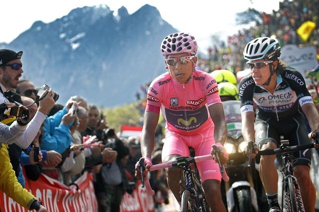 In 2014 won Quintana de Giro. Hier rijdt op de Monte Zoncolan de nummer twee Rigoberto Urán in het wiel. Foto: Cor Vos