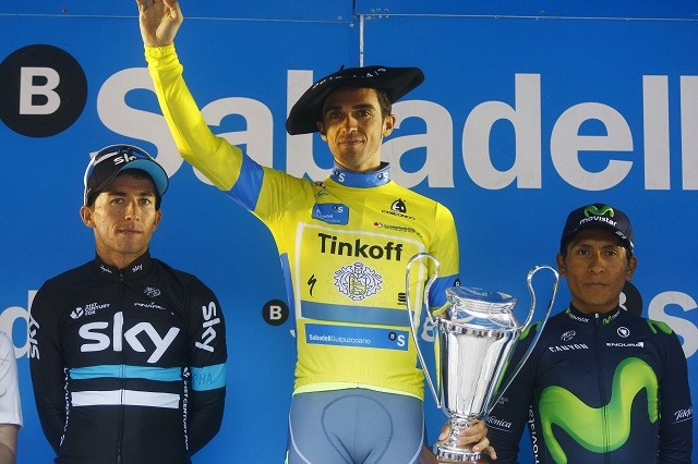 Sergio Henao (l), Alberto Contador (m) en Nairo Quintana (r): het eindpodium in het Baskenland.
