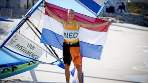 2016-08-14 20:08:36 RIO DE JANEIRO - Dorian van Rijsselberghe tijdens de laatste race RS:X tijdens de Olympische Spelen van Rio. ANP ROBIN UTRECHT